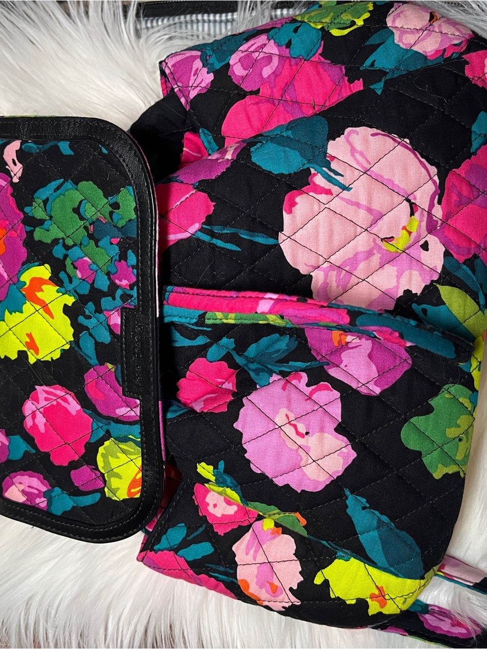 Vera Bradley Black Quilted Backpack with Pink, Teal & Lime Floral Print